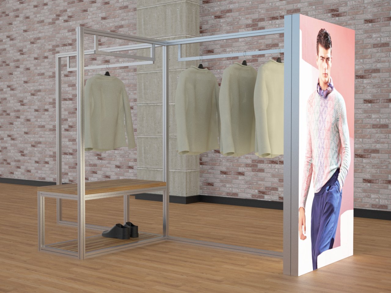 Mobiliário para loja em alumínio com araras para roupas e painel backlight com LEDs e imagem em tecido impresso